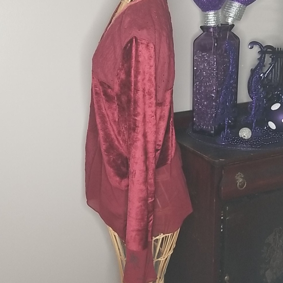 J. Jill Large Maroon Red Velvet Lace Sheer Patchwork Button Down Long Sleeve Top - Picture 3 of 12
